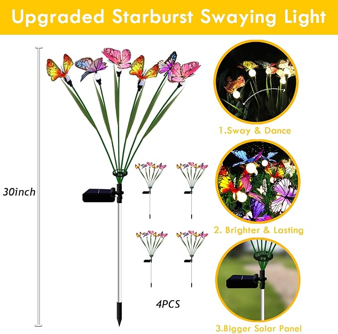 Solar Butterfly Lights Outdoor, 4 Pack 24 LED Solar Garden Lights Outdoor Waterproof,Solar Outdoor Lights Garden Decor for Yard,Patio,Lawn,Pathway