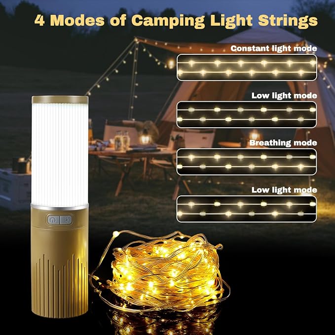 Camping Lantern with 49.2FT String, 2 in 1 Outdoor Warm White String Lights with 4 Modes & 5 Modes Rechargeable Camping Lamp IPX4 Waterproof Portable LED Tent Light for Outdoor Yard Garden Decoration