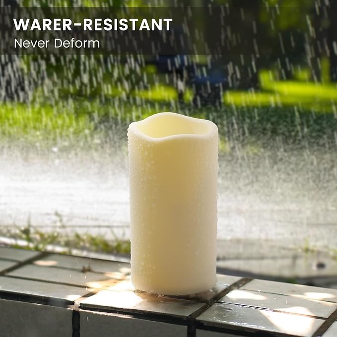 Waterproof Flameless Remote Control Candles 2PACK(D3''*H5.5'')Battery Operated Flickering LED Pillar Candle,plastic with 10-Key 24Hours Timer for Outdoor/Indoor Party Garden Lanterns Porch Ivory