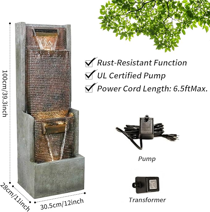 Outdoor Garden Waterfalls Fountains with Led Lights Water Fountain Outdoor/Indoor Resin Fountain for Patio Decor Garden, House, Office, Garden, Home Art Decor