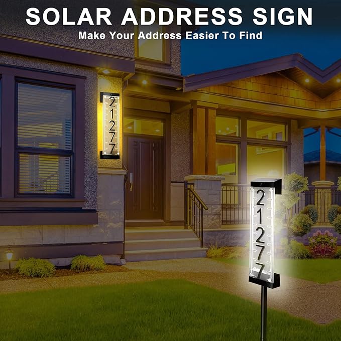 Solar House Number [Upgrade 3D Acrylic Number] Solar Address Sign Increase Brightness, Number Is Bold, Anchor Is Made Of Iron,Solar House Number Sign with Two Lighting Modes and Two Installation (White)(Manual without remote control) (Warm White)