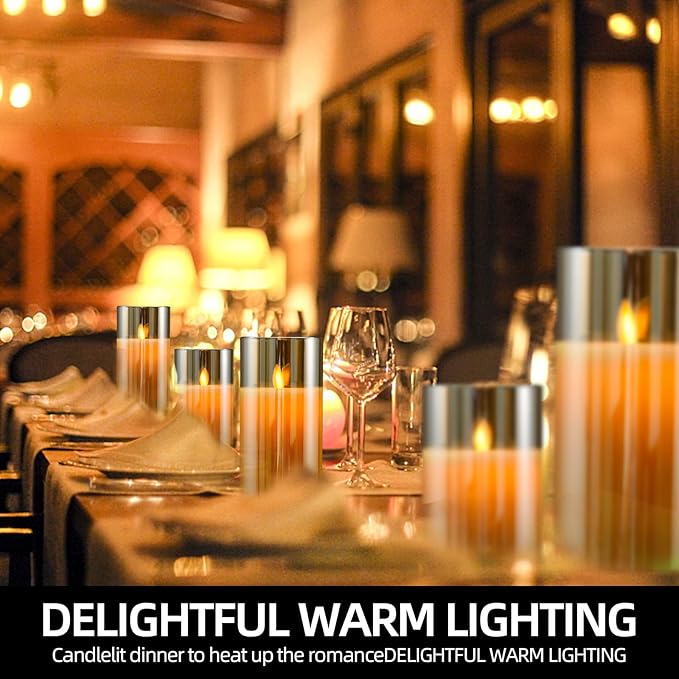 JOSU Flameless Candles 4" 5" 6" Set of 3 Outdoor Indoor Fake Pillars Gold Glass LED Battery Operated Candles Include 10-Key Remote Timer for Wedding Party Halloween Christmas Thanksgiving Fall Diwali