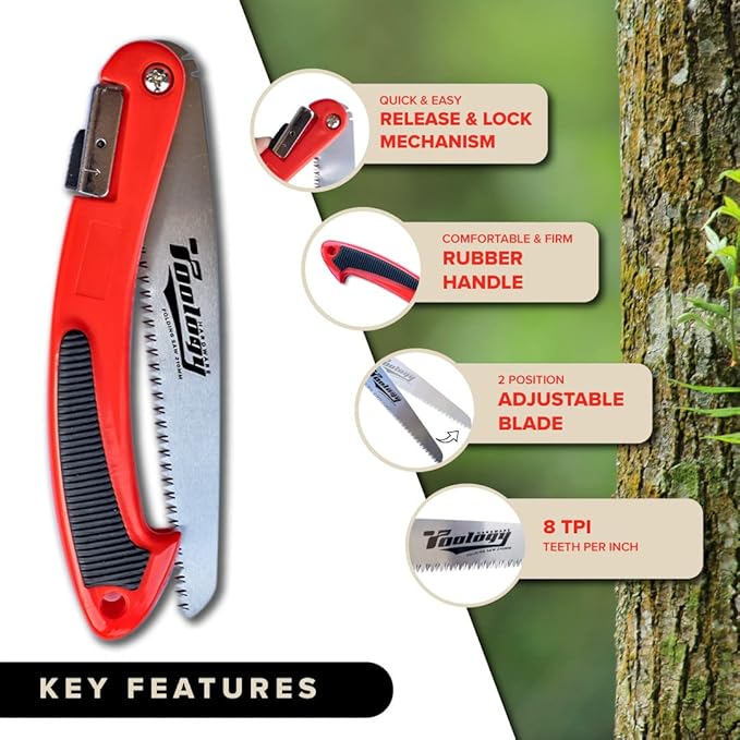 8" Folding Hand Pruning Saw for Gardening, Camping, Wood/Tree Cutting, Made with Heavy Duty SK-5 Steel (Red)