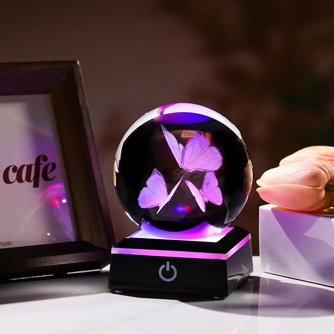 Qianwei Butterfly Gifts for Women 3D Crystal Ball 3.14'' - 80mm Laser Decor Glass Animals Figurines Statue for Room Decorations Night Light