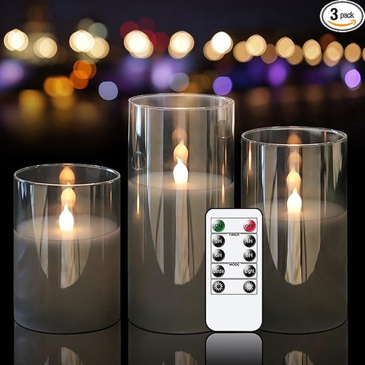 LED Flickering Candles with Remote Timer,Glass Flamless Pillar Candles Real Wax with 3D Wick Realistic,Warmth Decoration for Wedding Home Festival (Grey)