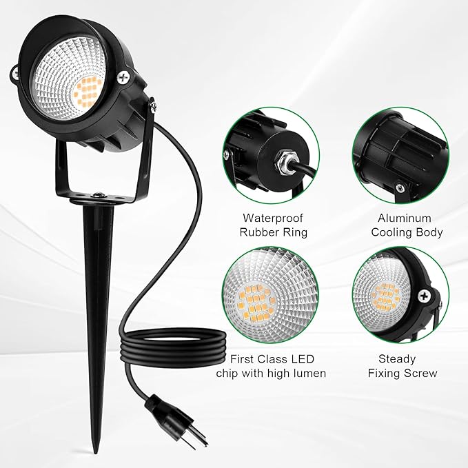 Outdoor Landscape Lighting: 18 CoB LEDs IP65 Waterproof Landscape Lights Plug in, 10W 2700K Warm White Outdoor Spot Lights for Yard Garden Pathway House