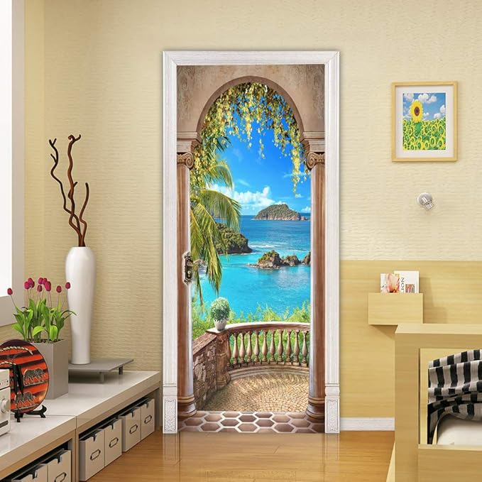 3D Door Stickers Murals - Landscape - Peel and Stick - Waterproof & Washable - Matt Finish - Tropical Style - White - 35.4" x 78.7" - 2 PARTS