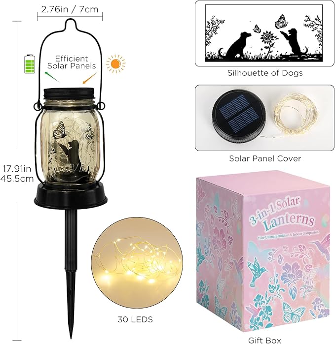 Kyoryuger Solar Dog Lantern 2PACK Dog Lover Gifts for Women Mom Grandma Unique Dog Mom Gifts Christmas Gifts for Dog Lovers Decorative Dog Memory Lanterns for Yard Lawn Patio Landscape Garden Decor