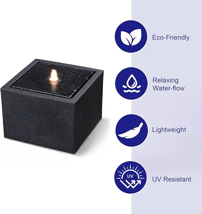 12.79” H Outdoor Water Fountain Made with Eco-Friendly Recyclable Materials, Polyethylene Square Bubbler Outdoor Fountain, Garden Decor with LED Light for Patio, Porch, Backyard