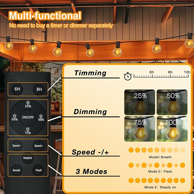 DAYBETTER 25FT Solar String Lights for Outside Waterproof with Remote,12 LED Shatterproof Bulbs Dimmable&Timer, Solar Patio Lights 3 Installation(Clips/Stakes/Nails) for Outdoor Porch Garden Market