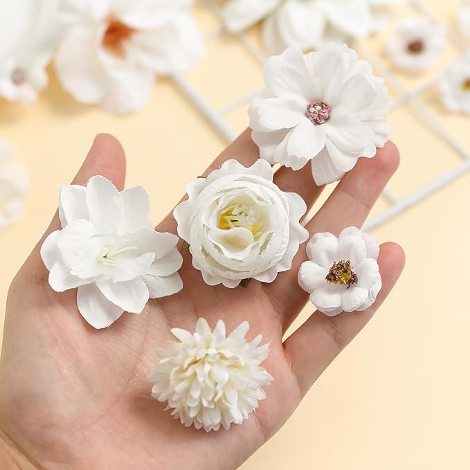 YYHUAWU Fake Flower Heads Mini White Artificial Flower Faux Dahlia Rose Flowers Multicolor Silk Daisy Flower Heads for Craft Garland Wedding Bridal Baby Shower Home Party Decoration DIY Cake Decor