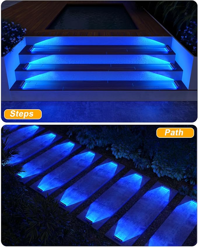 Solar Step Lights for Outside, 2 Pack Solar Stair Lights, Blue Outdoor Deck Light Waterproof, Outdoor Light Solar Powered for Deck, Dock, Pathway, Porch, Path, Ground, Backyard