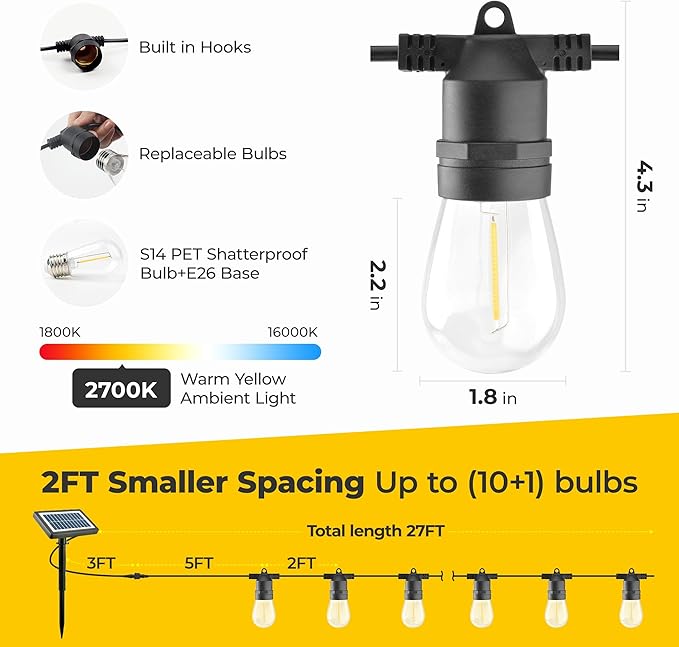 Solar String Lights Outdoor: 29FT 10*S14 Solar Powered Qutside IP65 Waterproof Hanging Warm White Led Edison Bulbs for Patio Garden Yard Porch Gazebo Decorations