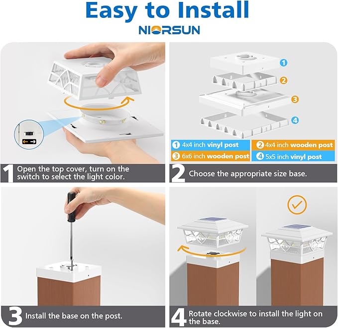 NIORSUN Solar Post Lights Outdoor 4 Pack, 2 Modes LED, Deck Fence Post Solar Lights for 3.5x3.5 4x4 5x5 5.5x5.5 Caps Patio Garden Decoration, White