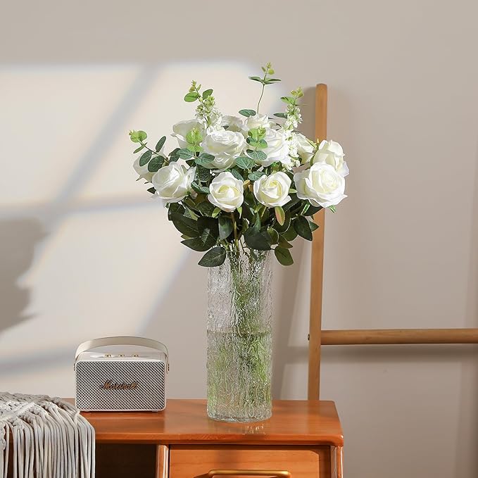 Hawesome 12PCS Artificial Silk Flowers Realistic Roses Bouquet Long Stem for Home Wedding Decoration Party (White -2)