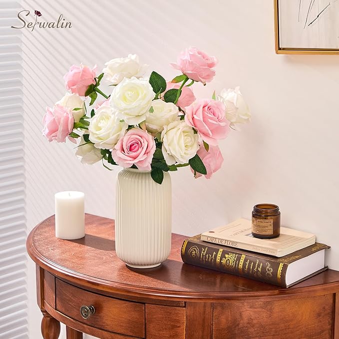 Serwalin 20pcs Artificial Pink & White Roses, 4'' Big Flower Head, Fake Velvet Roses, Silk Roses Long Stems Realistic Bouquet for Wedding Parties Table Centerpiece and Home Decor