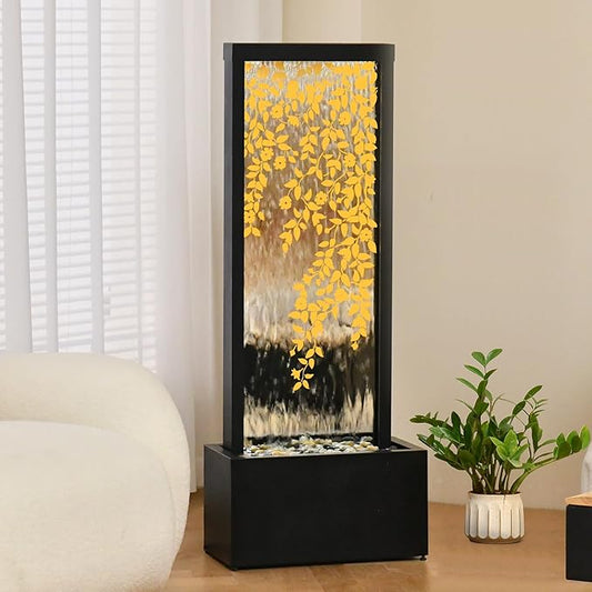 46" H Fountains Outdoor Indoor Tall Waterfall Fountain with LED Lights Large Modern Mirror Fountain for Garden,Patio,Backyard,Home,Black Silver Golden