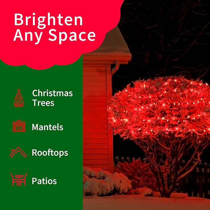 Ultra-Bright Connects End to End Red Christmas Mini Lights 300L 63.8Ft(2Sets-Each 150L)UL Listed Incandescent Bulb String Light for Indoor Outdoor Holiday Garden Party Christmas Tree Decor