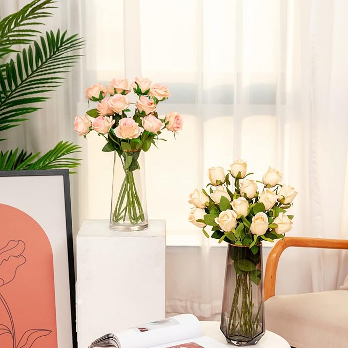 Hawesome 12PCS Artificial Silk Flowers Realistic Roses Bouquet Long Stem for Home Wedding Decoration Party (Gradient Light Pink)