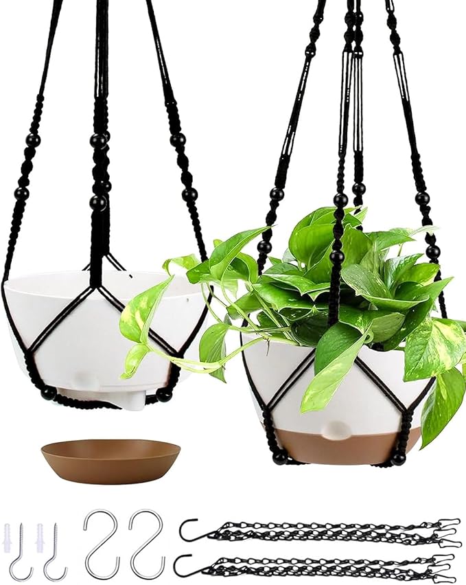 Hanging Planter Self Watering 10 Inch, 2 Pack Indoor Outdoor Hanging Baskets, Hanging Flower Pots with Drainage Hole & 2 Kinds of Plant Hangers for Garden Home Decor(Black Hanger