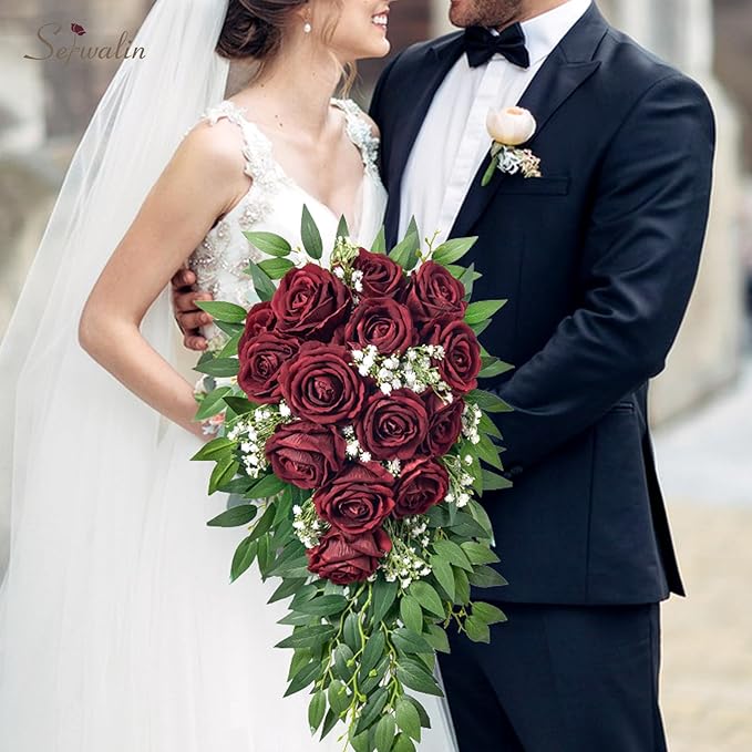 Serwalin 20pcs Artificial Dark Red Roses, 4'' Big Velvet Flower Head Fake Roses, Realistic Silk Roses Real Touch Bouquet Long Stems for Wedding Home Decor and Table Centerpiece