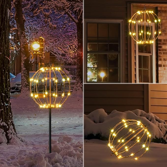 LIGHTSHARE 10IN 48LED Light Ball Yard Decoration Pathway Lights Sphere Light with Fold Flat Metal Frame Indoor Outdoor Waterproof Garden Lights, Brown Frame / Warm White Lights, 10