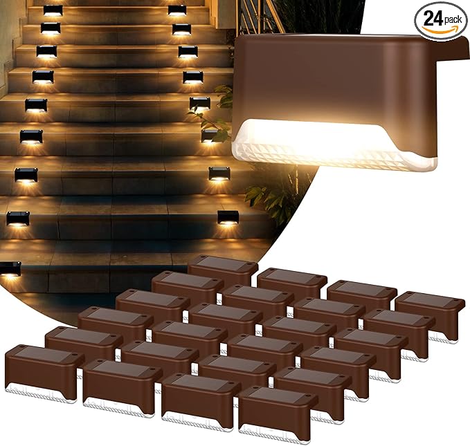 pearlstar Solar Deck Lights Outdoor,24 Pack Solar Deck Lights Outdoor Waterproof Led,for Stairs,Step,Fence,Yard,Patio,Driveway,Pathway,Yard,Backyard and Garden(Brown)