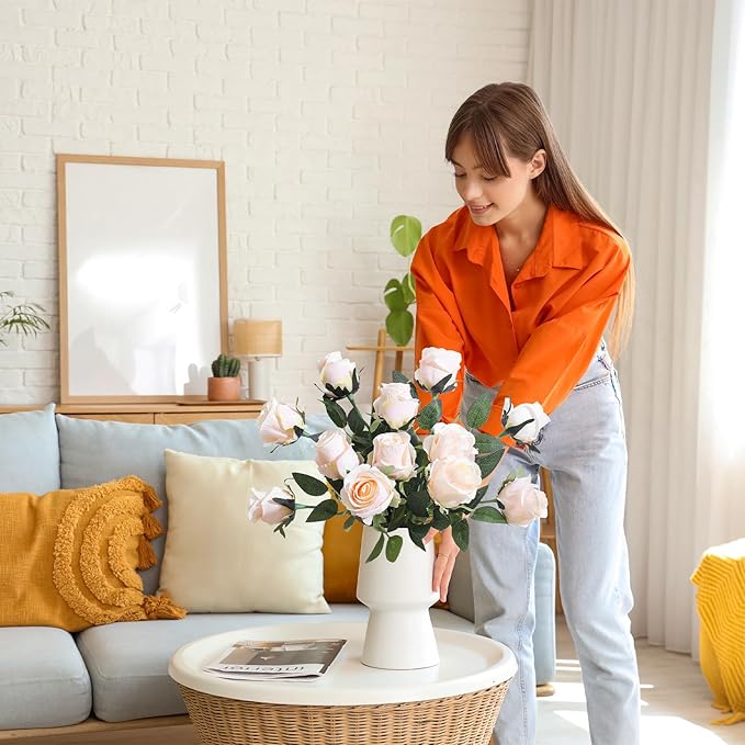 12Pcs Realistic Fake Cream Roses Faux Flowers with Long Stems, Artificial Silk Rose Flowers for Valentines Day Home Wedding Decor Bridal Bouquet