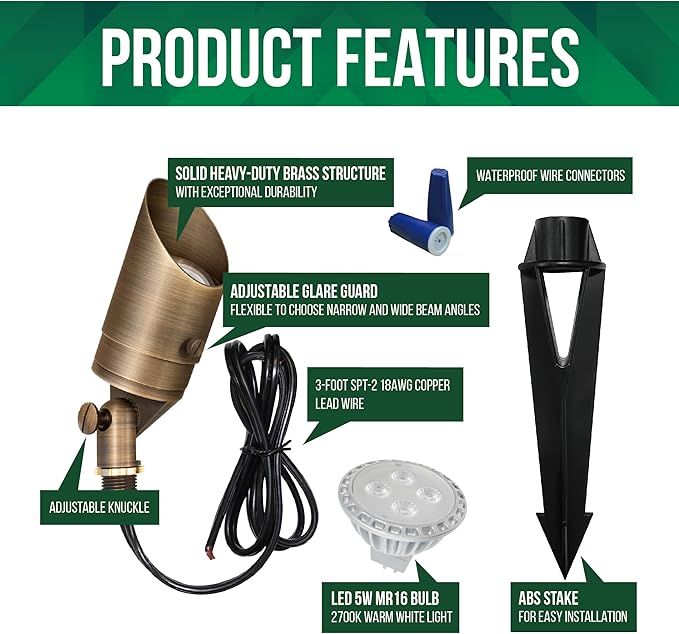 GKOLED Solid Brass Spotlight Low Voltage Landscape Lighting, LED Outdoor Lights for Garden Patio Yard, Directional Up Light with 5W MR16 Bulb, 12V 2700K Warm White