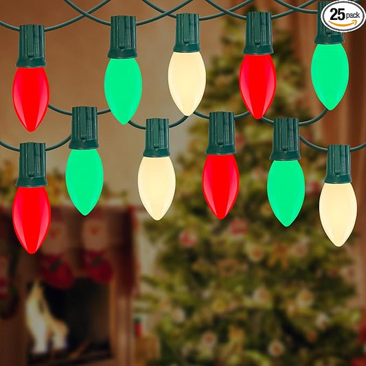 Red Green White LED Christmas Lights, 25FT Waterproof C9 Multicolor Outdoor With 26 Shatterproof Bulbs, Commercial Hanging for Roof Patio Balcony Party Xmas Decor