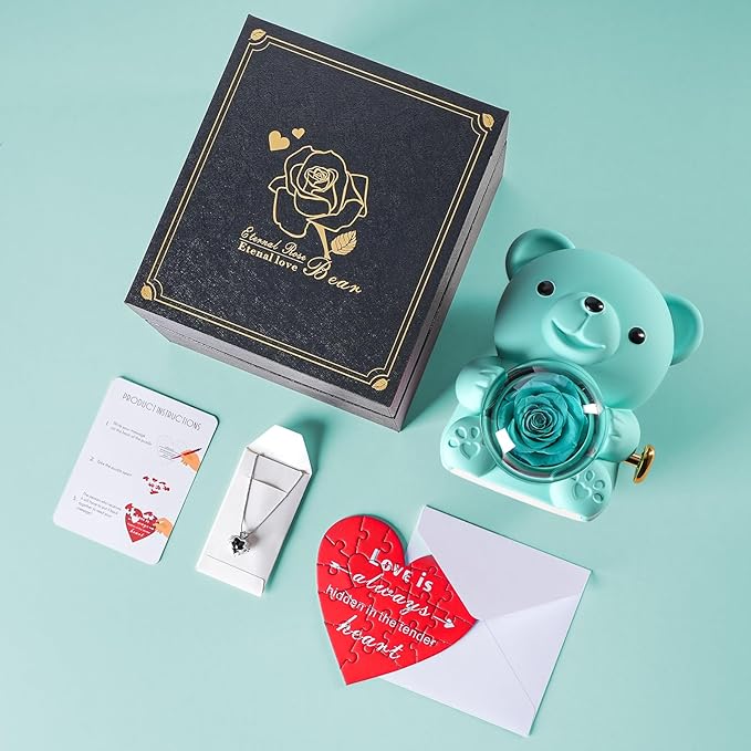 Cute Teddy Bear with Preserved Rose - A Real Rose Flower in Bear with Elegant Gift Box - Romantic Gift for Her in Mother's Day, Weddings, Anniversaries, and Bridal Showers (Blue)