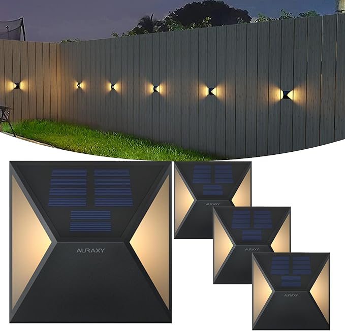 Upgrades LED Solar Fence Light, IP68 Waterproof Warm White and Color Glow with Remote Control Deck Light, Solar Outdoor Decoration Lights for Wall, Step, Yard, Garden, Christmas, Party(4 Pack)