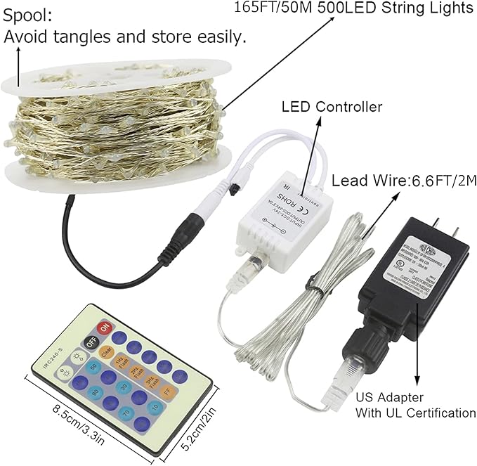 RUICHEN Warm White Dimmable Fairy Lights Plug in, Super Long 165 Ft 500 LED Twinkle String Lights with Remote, Waterproof Silver Wire Firefly Lights for Christmas Wedding Party Bedroom Patio Garden