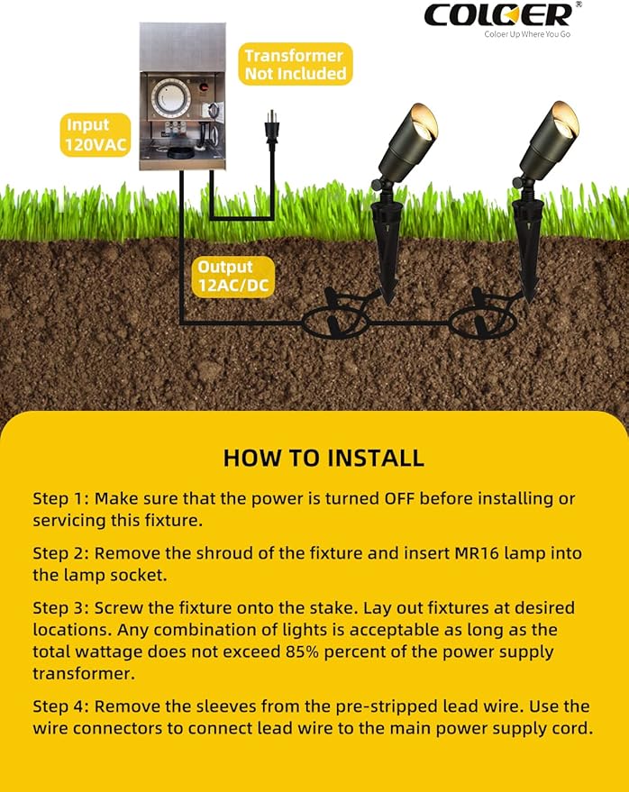 COLOER Brass Landscape Spotlights, 12 Pack Spot Lights Outdoor with 5W Aluminum Housing MR16 LED Bulb 2700K 450LM, 12V AC/DC Low Voltage Outdoor Lighting for Yard, Uplight for Garden and Patio(101B)