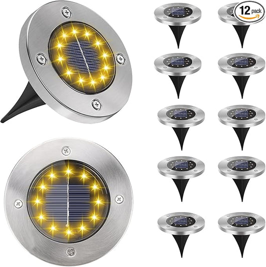 Solar Garden Lights Outdoor, 12 Packs Bright Solar Powered Ground Lights with Updated 12 LEDs, Waterproof Disk Warm Flat Lights for Garden Patio Yard Deck Lawn Walkway Landscape Decor