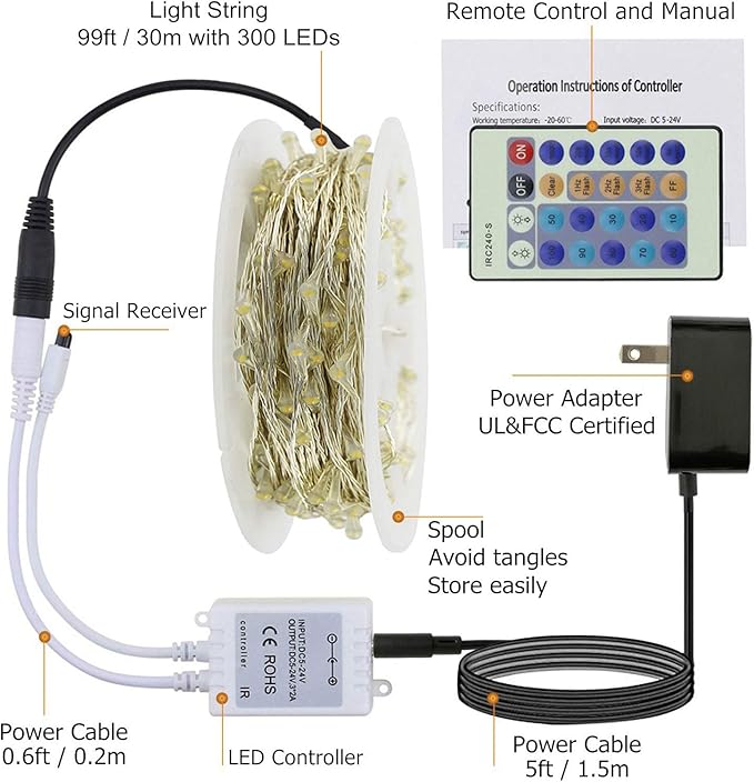 RUICHEN Multicolor Dimmable Fairy Lights Plug in, 99 Ft 300 LED Twinkle String Lights with Remote, Waterproof Silver Wire Firefly Lights for Bedroom, Patio, Yard, Christmas, Easter, Wedding, Party