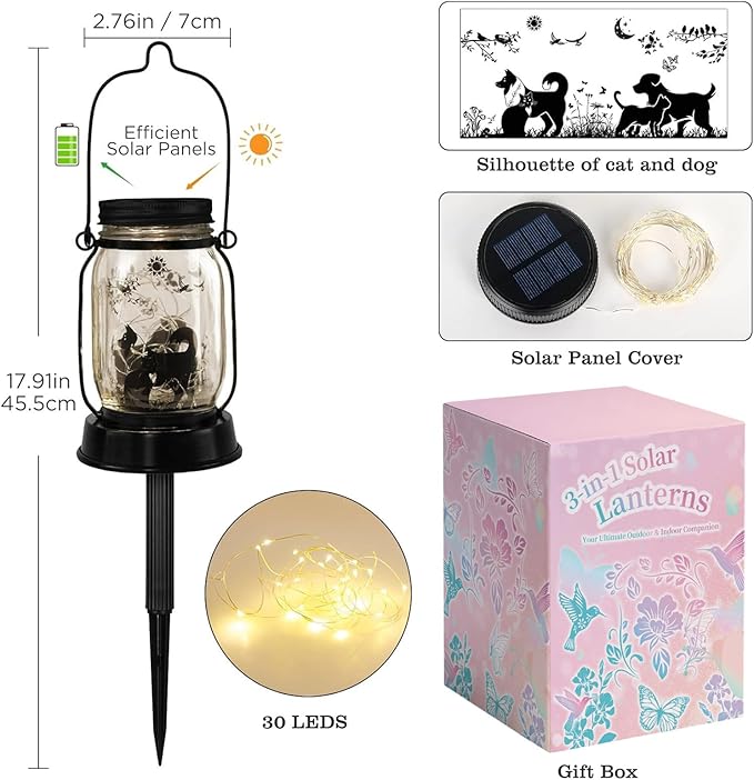 Kyoryuger Solar Cat Dog Outdoor Lantern Garden Decor, Gifts for Women Mom Gradma Birthday Gifts, Cat Mom Gift, Dog Lover Gifts, Lawn Ornaments Home Decoration Outside for Yard, Patio,Backyard,Porch