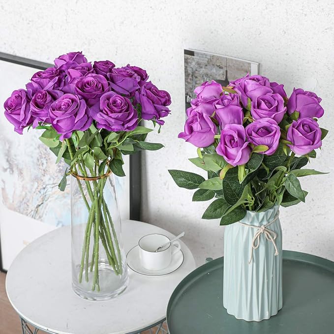 Hawesome 12PCS Artificial Silk Flowers Realistic Roses Bouquet Long Stem for Home Wedding Decoration Party (Purple 1)