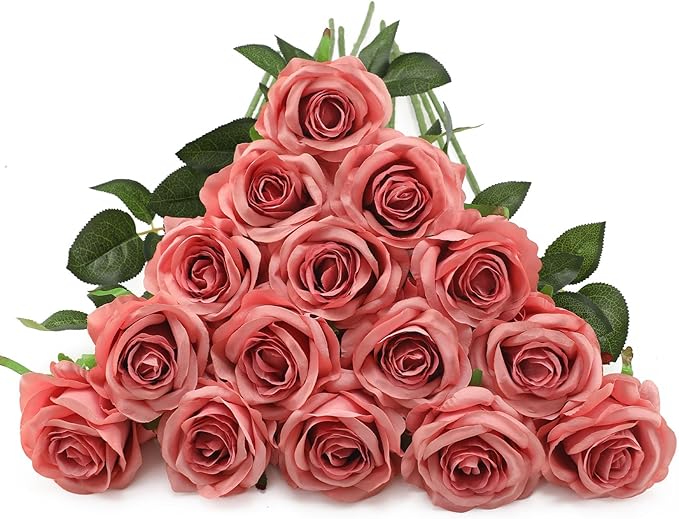 Pink Fake Roses Artificial Flowers - 10 Pcs Fake Artificial Roses Silk Flowers with Stems for Home Wedding Hotel Office Centerpiece Decor（Dusty Pink）