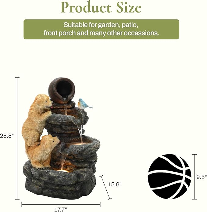 LuxenHome Outdoor Water Fountain, 26 Inch Puppy and Rock Resin Water Fountains Indoor with LED Lights, Farmhouse Waterfall Outdoor, Indoor Fountains and Waterfalls for Patio, Garden Decor