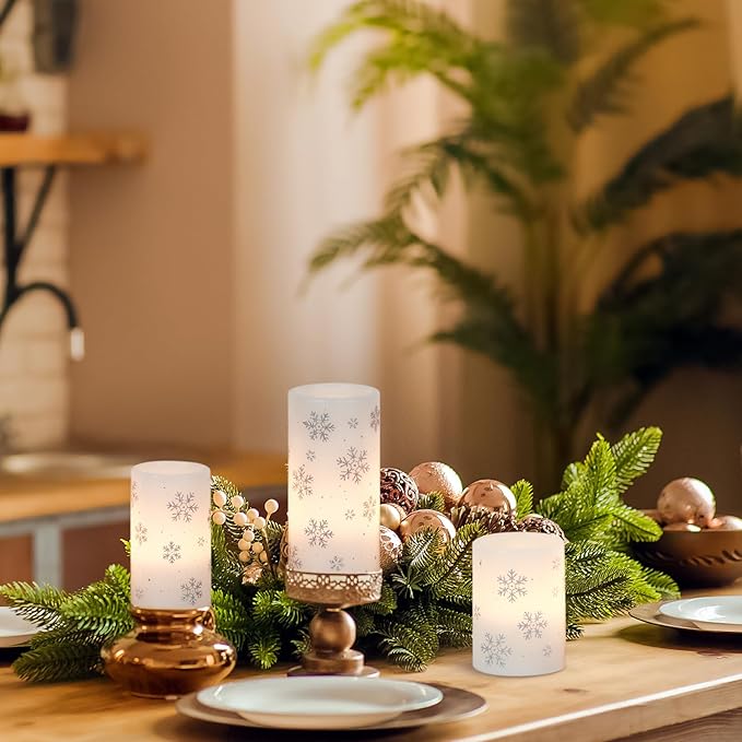 KunSween Christmas Flameless Candles with Timer, 3 Pack LED Pillar Candles with Silver Snowflake Decals and Real Wax, Christmas Winter Decorations for Home Indoor Table Centerpieces