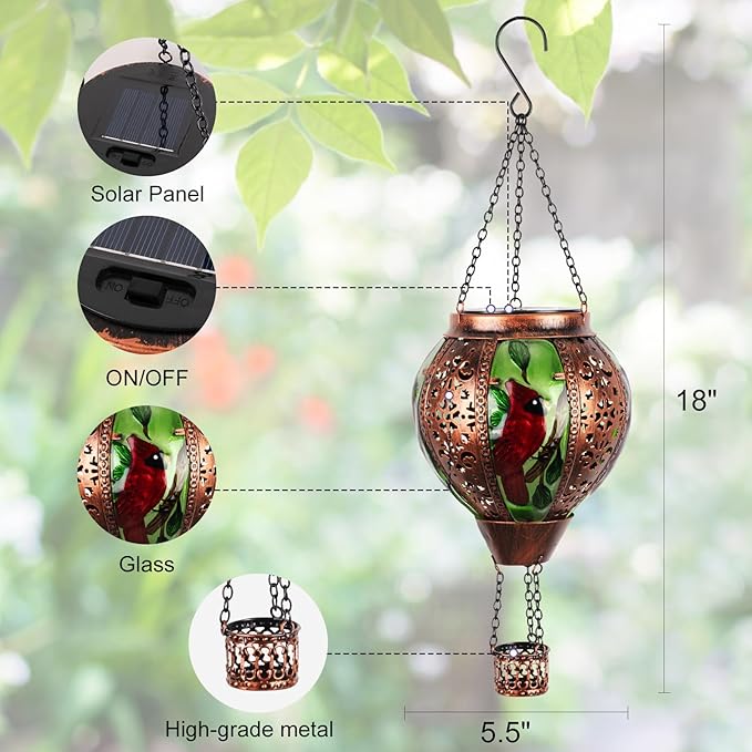Hot Air Balloon Solar Lantern Outdoor - Flame Hanging Solar Light Waterproof Lanterns for Patio Garden Yard Farmhouse Decor, Great Gift(Cardinal 2)