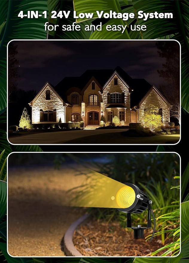 Low Voltage Landscape Lighting Kit: 4-IN-1 LED Low Voltage Landscape Lights with Plug-in Transformer | 6W 24V 2700K Warm White Outdoor Spot Lights, IP65 Waterproof Spotlight for Yard House Garden Tree