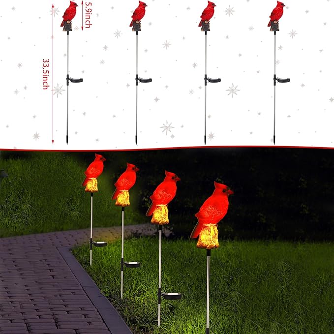 4 Pack Solar Cardinal Stake Light Cardinal Decor Garden Red Bird Figurine Memorial Solar Light Outdoor Pathway Yard Lawn Ornaments for Spring Easter Mothers Day Gifts Decorations Outside Women