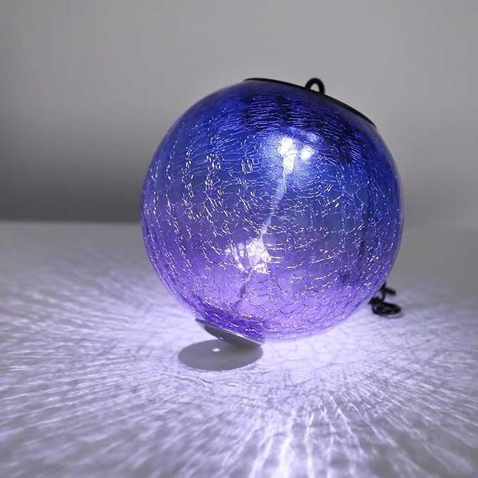 Hanging Solar Lights Outdoor Solar Lanterns Outdoor Decorative Cracked Glass Ball Lights Solar Powered Waterproof LED Globe Lantern for Outdoor Porch Patio Garden Decor Gift Purple