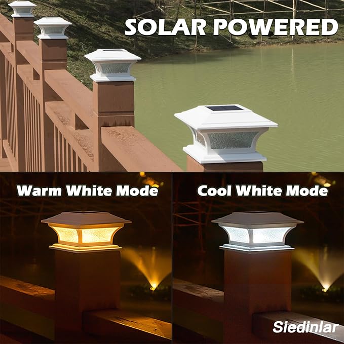 SIEDiNLAR Solar Post Lights Outdoor Glass LED Fence Cap Light 2 Modes for 4x4 5x5 6x6 Posts Patio Deck Garden Decoration Warm White/Cool White Lighting White (1 Pack)