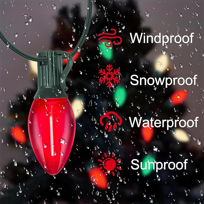 C7 LED Christmas Lights Outdoor, 25FT Clear Red Green and Frosted White Christmas String Lights with 27 LED Energy-Efficient Bulbs, Hanging Christmas Decorations Lights for Party Patio Garden Yard