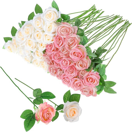 36 Pcs Pink Champagne Rose Artificial Flowers Bulk with Long Stem,Realistic Silk Fake Roses Plastic Roses Bouquet Artificial Flowers for Bridal Wedding Arrangement Table Centerpieces Decor