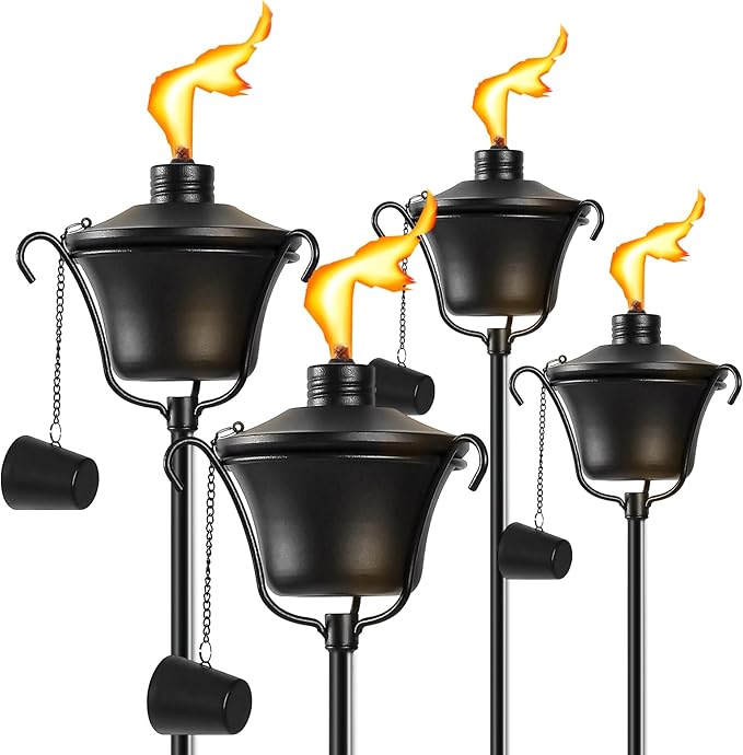 Citronella Torches Set of 4, 3-Prong Grounded Stake Outdoor Torches ，14.5 oz Garden Torches for Outside, 58 inch Outdoor Decorative Torch