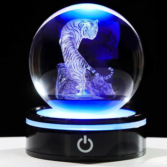 YWHL 3D Tiger Figurine Crystal Ball with Colorful Light Base, Tiger Gifts for Women Men, 3D Laser Engraved Full Sphere Glass Decorative Ball for Home Office (80mm)